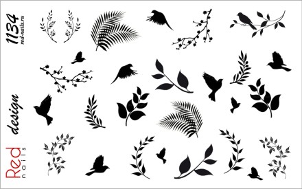 Слайдер-дизайн Red Nails №1134 - Листья и птицы